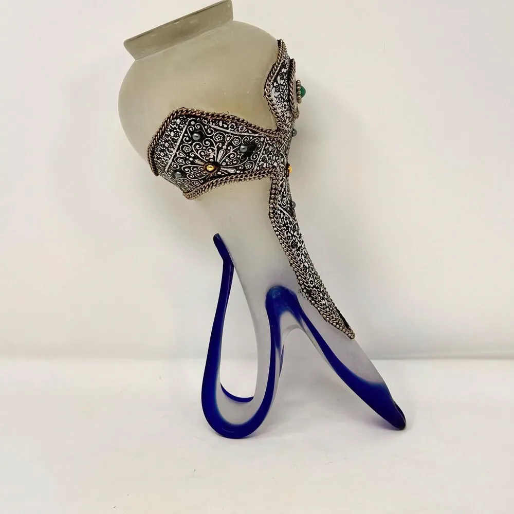 Vintage Moroccan Art Glass Vase Cobalt Blue Ruffled Hand Blown Metal Overlay Boh